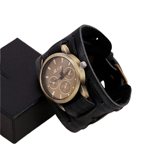 Luxe Brond Men's Retro Punk Cowhide Leather Watch with World Time, Antique Style