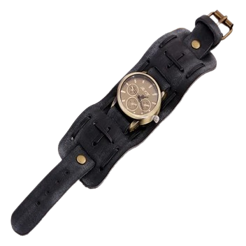 Luxe Brond Men's Retro Punk Cowhide Leather Watch with World Time, Antique Style
